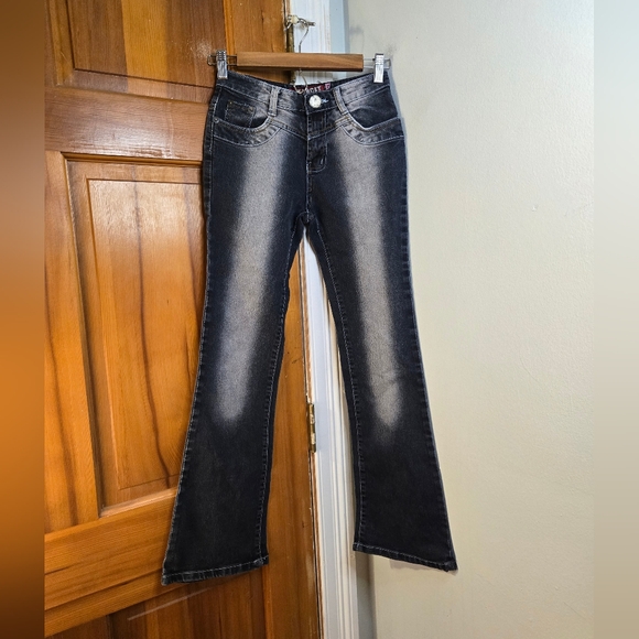 Target Women's Dark Blue Distressed Flare Jeans EUC Sz 26 - Picture 1 of 6
